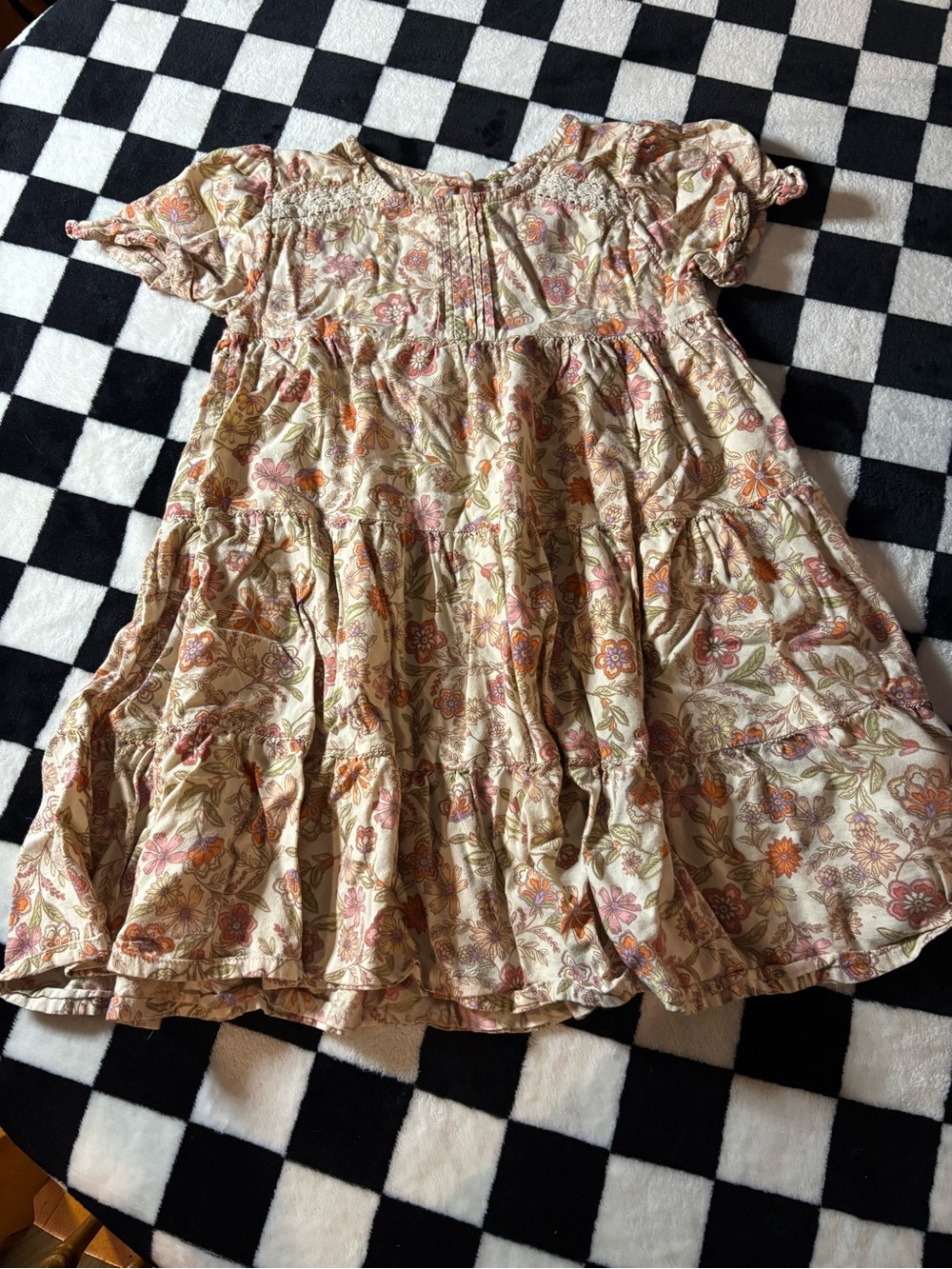 Size 5t Girls Floral Tiered Cotton Dress - Cream with Pink & Orange Flowers